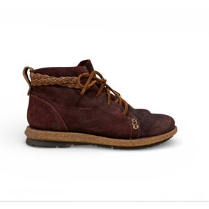 Born Women's Burgundy Suede Lace-Up Ankle Boot with Braided Trim